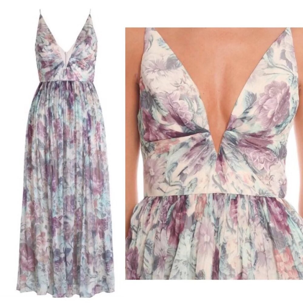 Womens Zimmermann Rhythm Mauve Purple Multicolor Plunge V Floral Strappy Dress 0